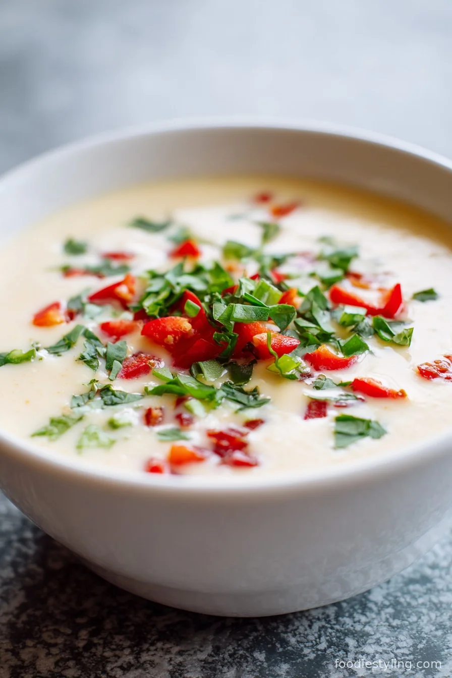 Bowl of irresistibly creamy white queso dip with tortilla chips