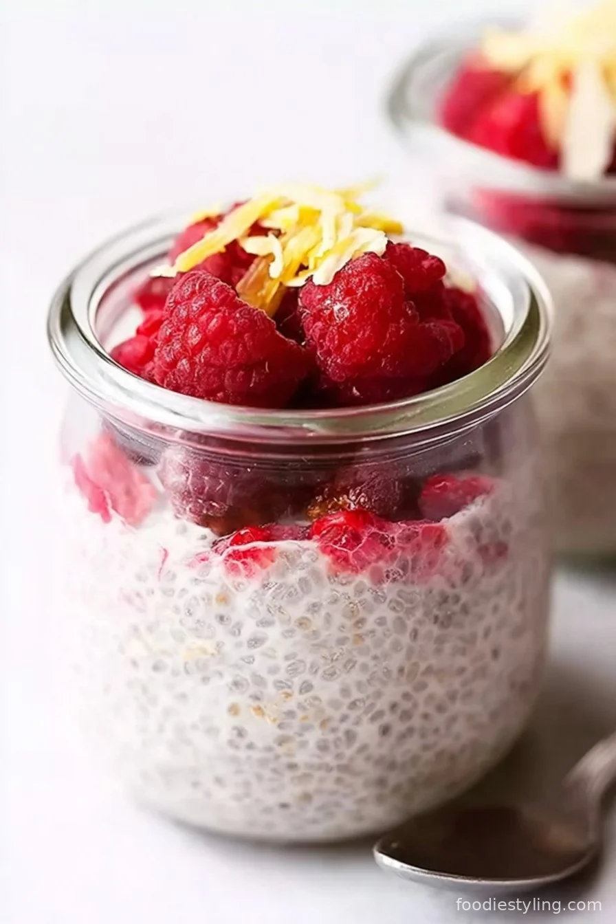 A colorful assortment of chia seed puddings in jars with fresh fruit toppings