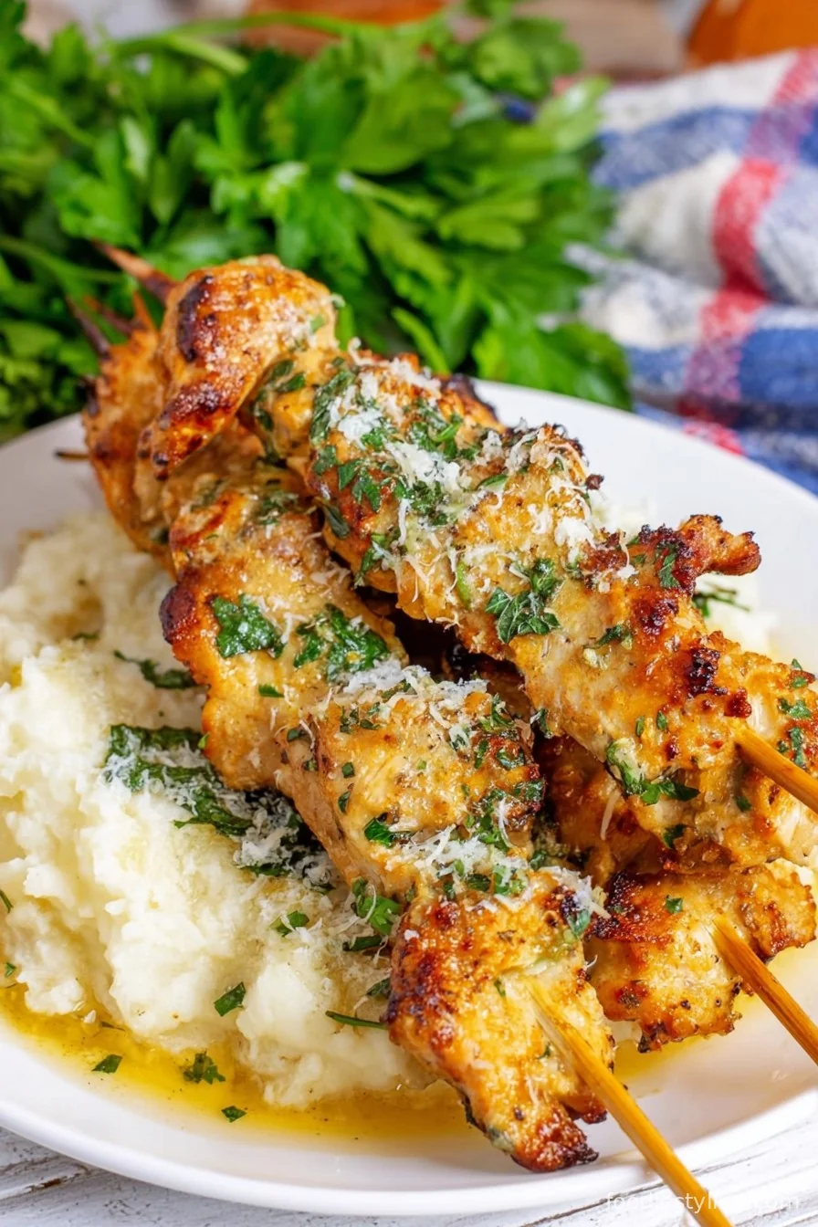 Tender Chicken Skewers Glazed with Golden Garlic Parmesan