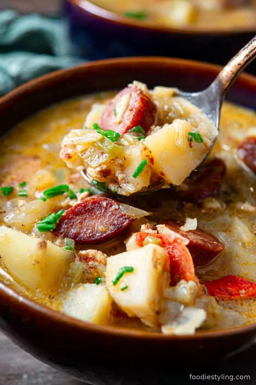 A steaming bowl of hearty Cajun Potato Soup garnished with green onions and crispy bacon