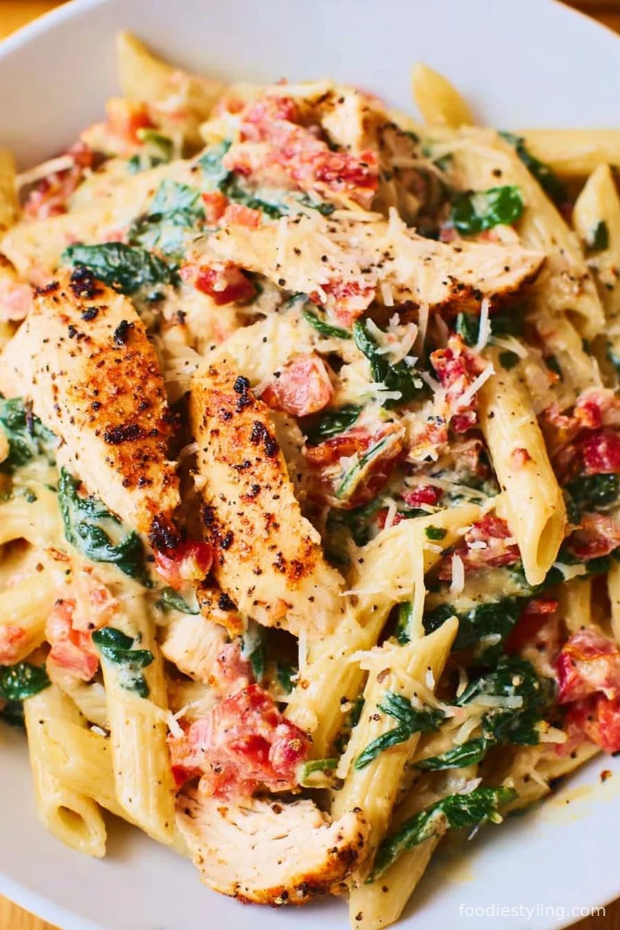 A steaming skillet filled with creamy pasta, topped with golden chicken, crispy bacon, fresh spinach, and pops of red tomato.