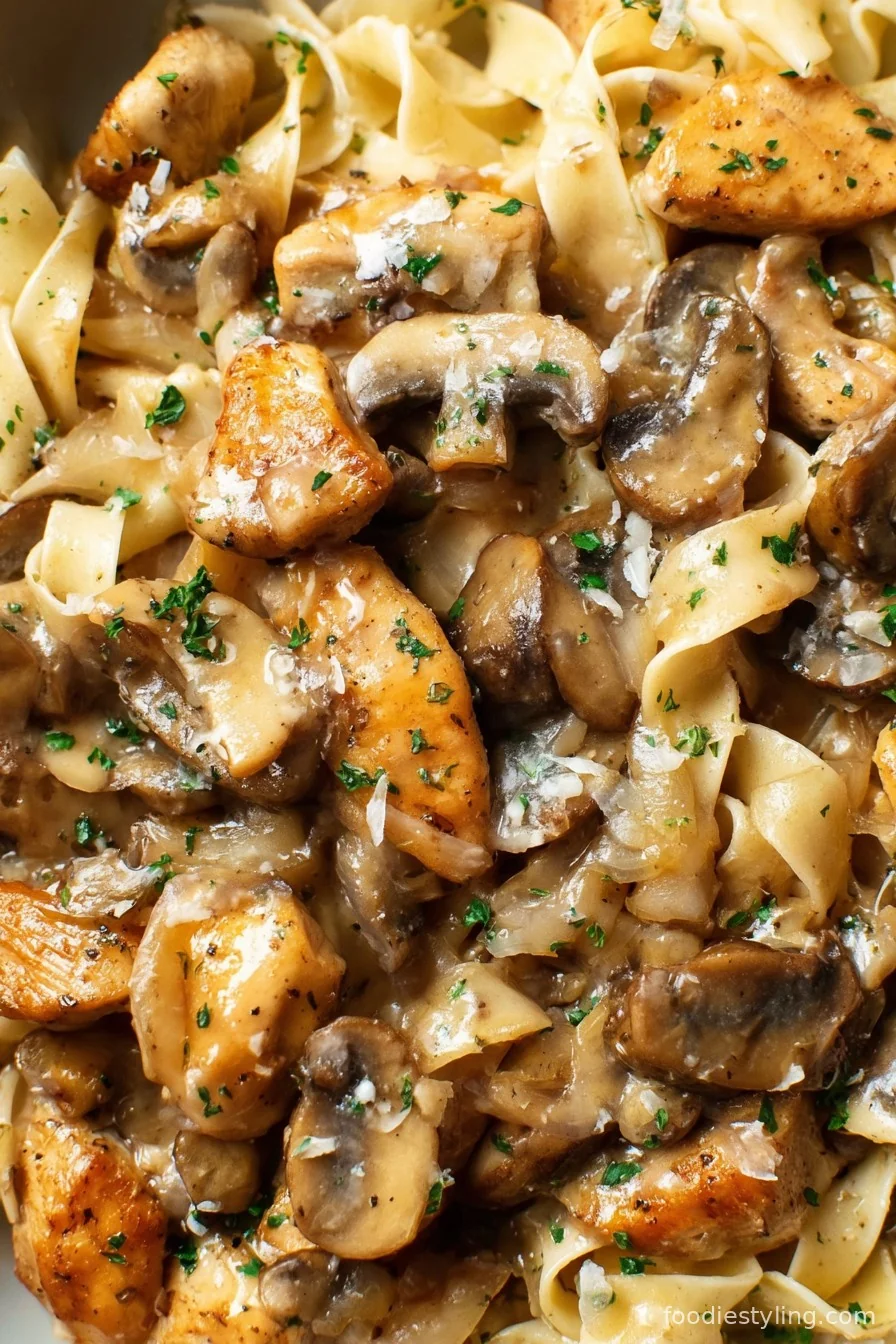 Chicken Marsala Pasta, golden-browned chicken and sautéed mushrooms in creamy Marsala sauce over pasta