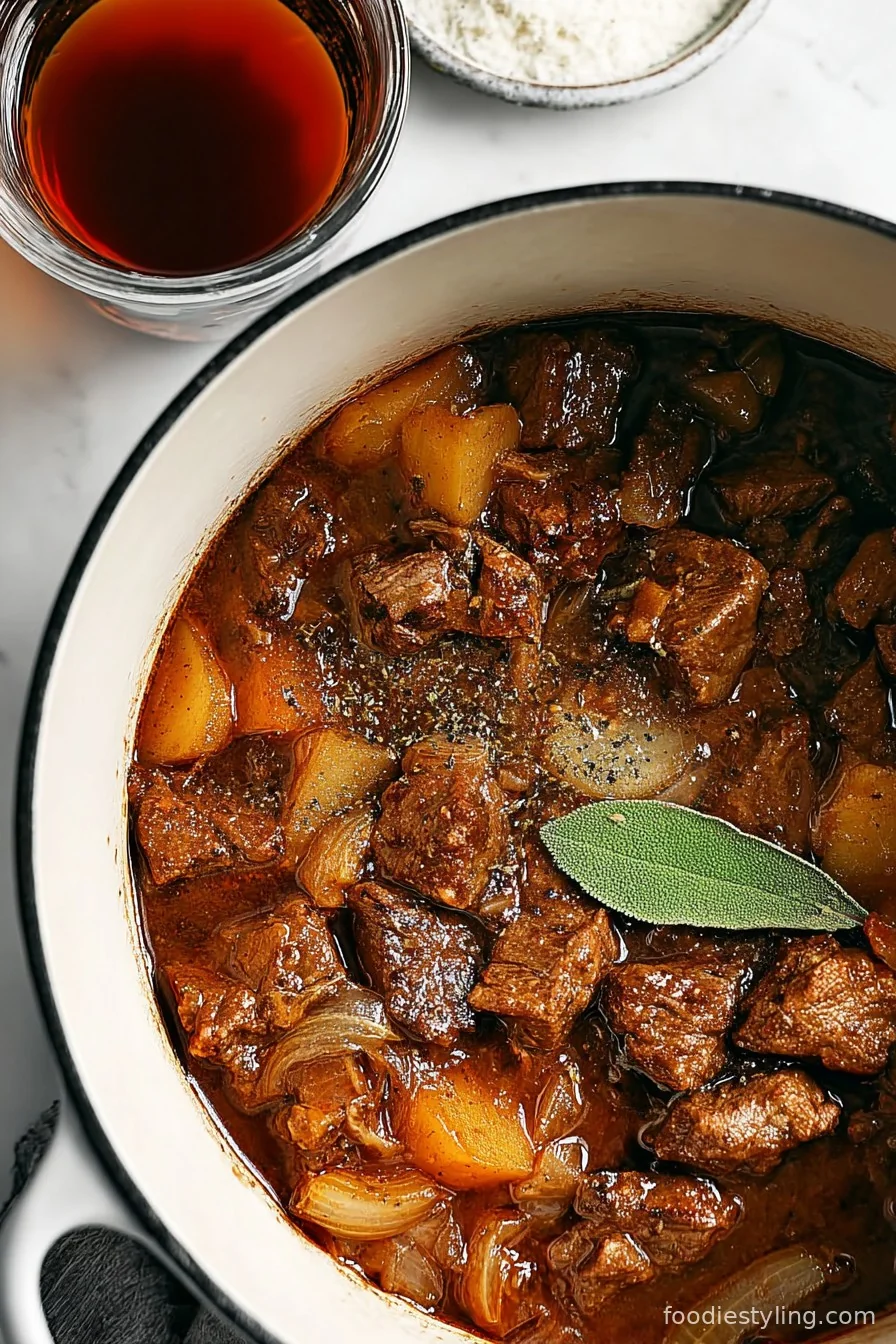A steaming bowl of classic beef stew, filled with chunks of beef, carrot, potato, and fresh herbs.