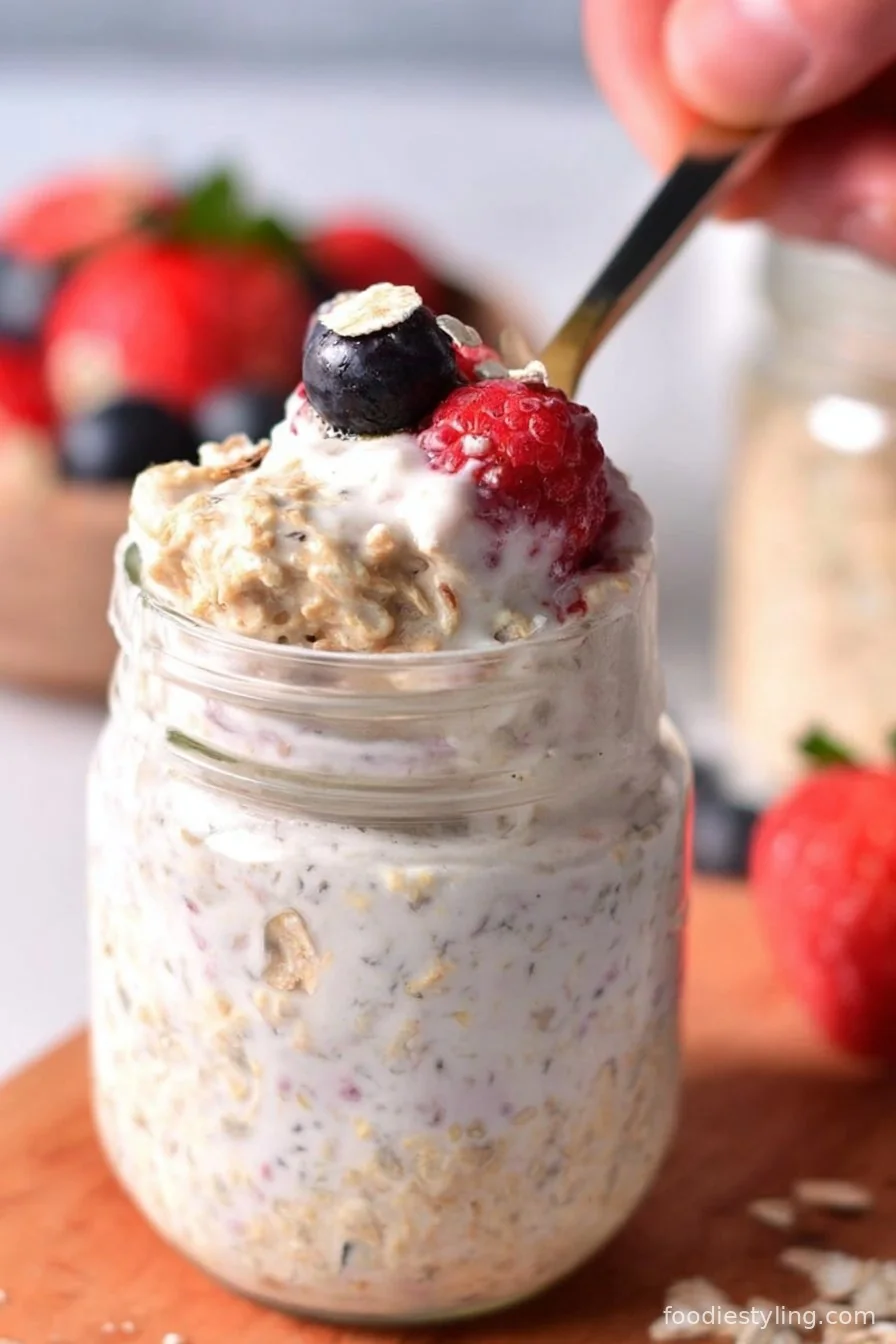 Creamy cottage cheese overnight oats in a glass jar topped with fruit and honey