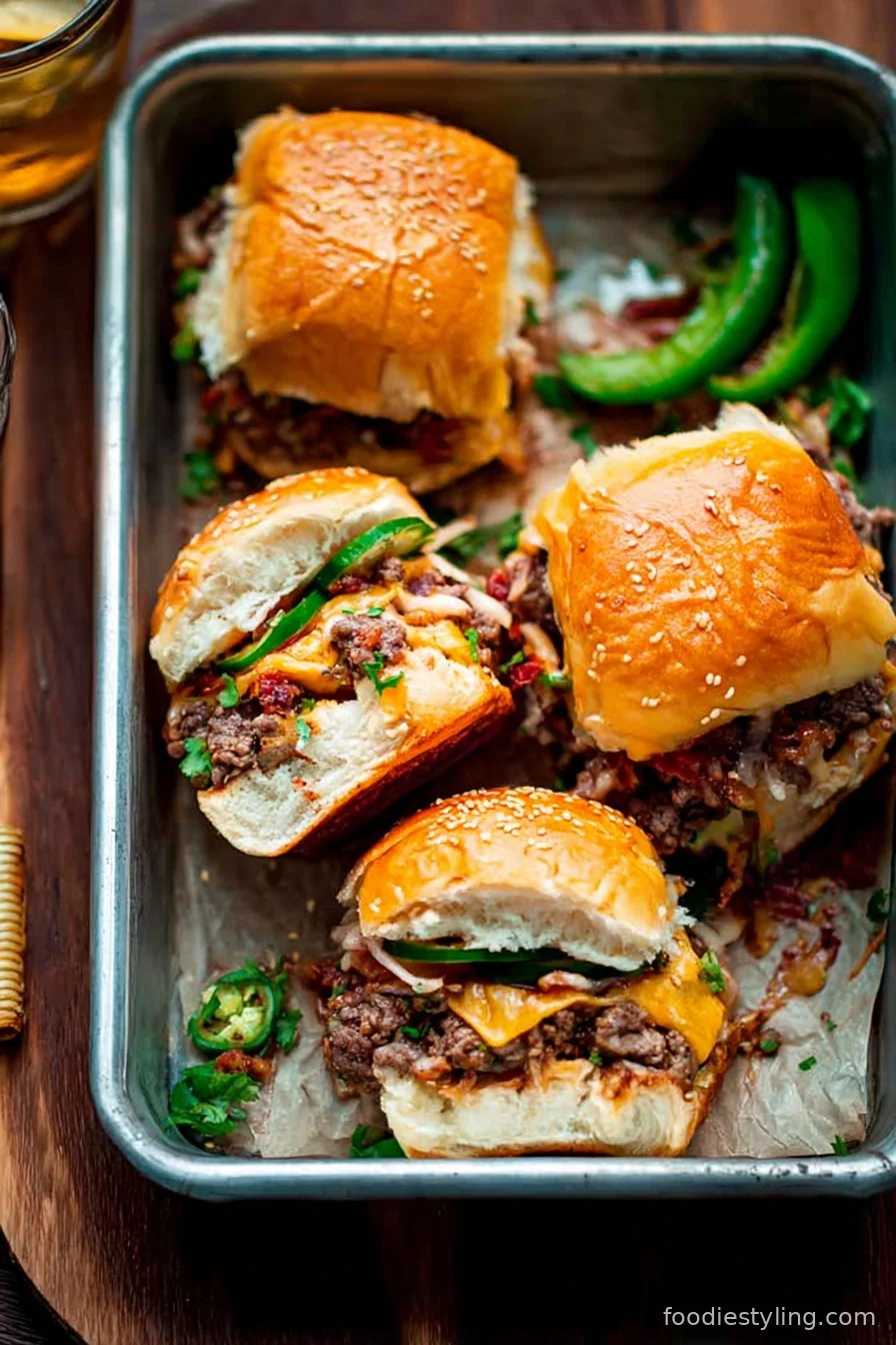 Juicy mini Cowboy Sliders filled with toppings and BBQ sauce on a platter