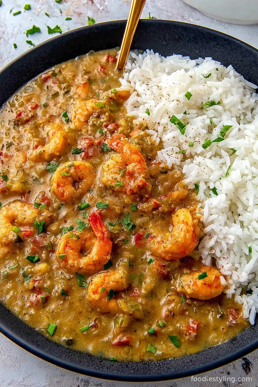 A rich, golden bowl of crawfish etouffee garnished with fresh parsley, served over fluffy rice