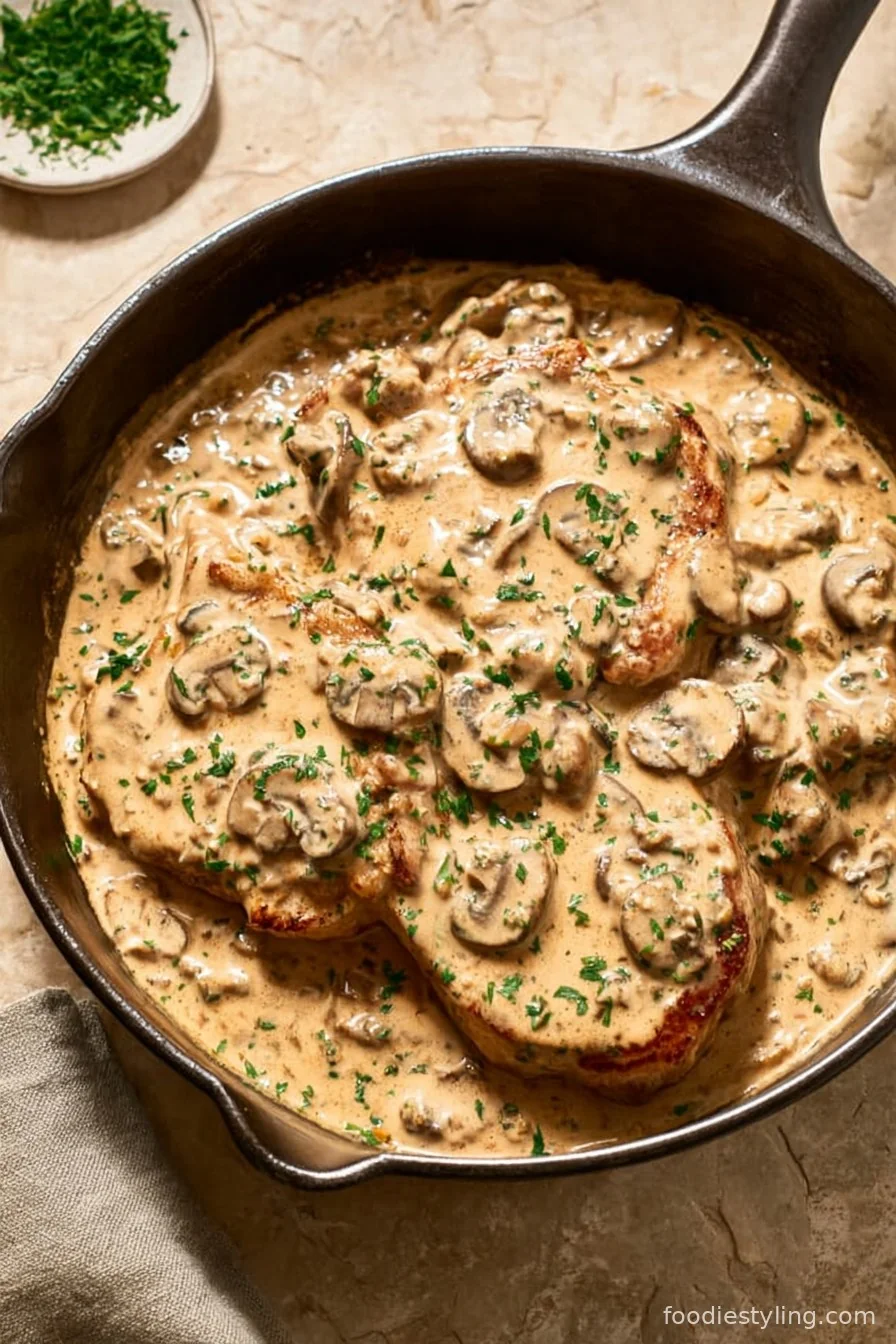 Cream of mushroom pork chops in skillet with fresh parsley