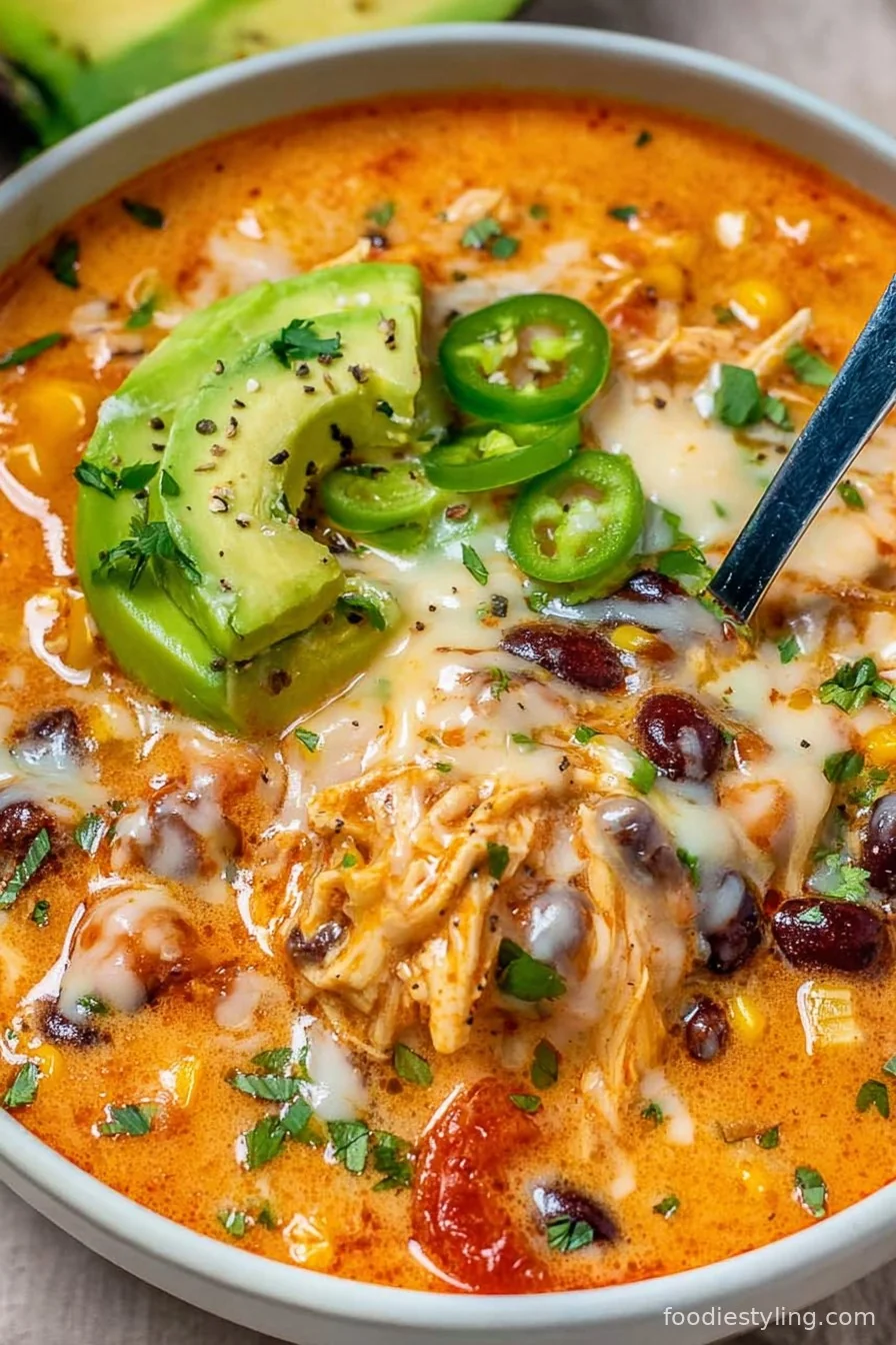 Creamy Chicken Enchilada Soup in a rustic bowl topped with shredded cheese, cilantro, and tortilla strips