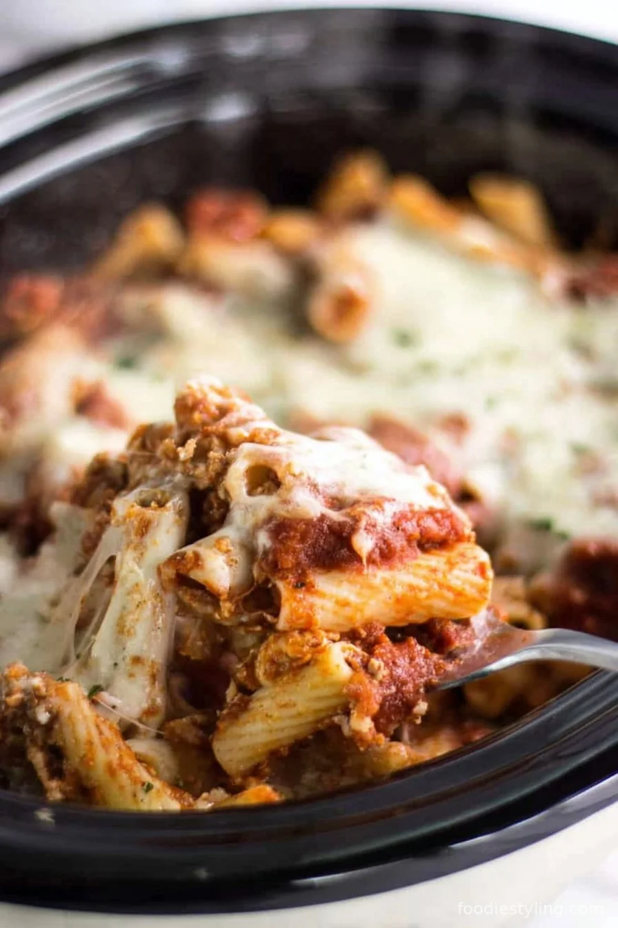 A delicious, cheesy serving of Crock Pot Baked Ziti with fresh basil