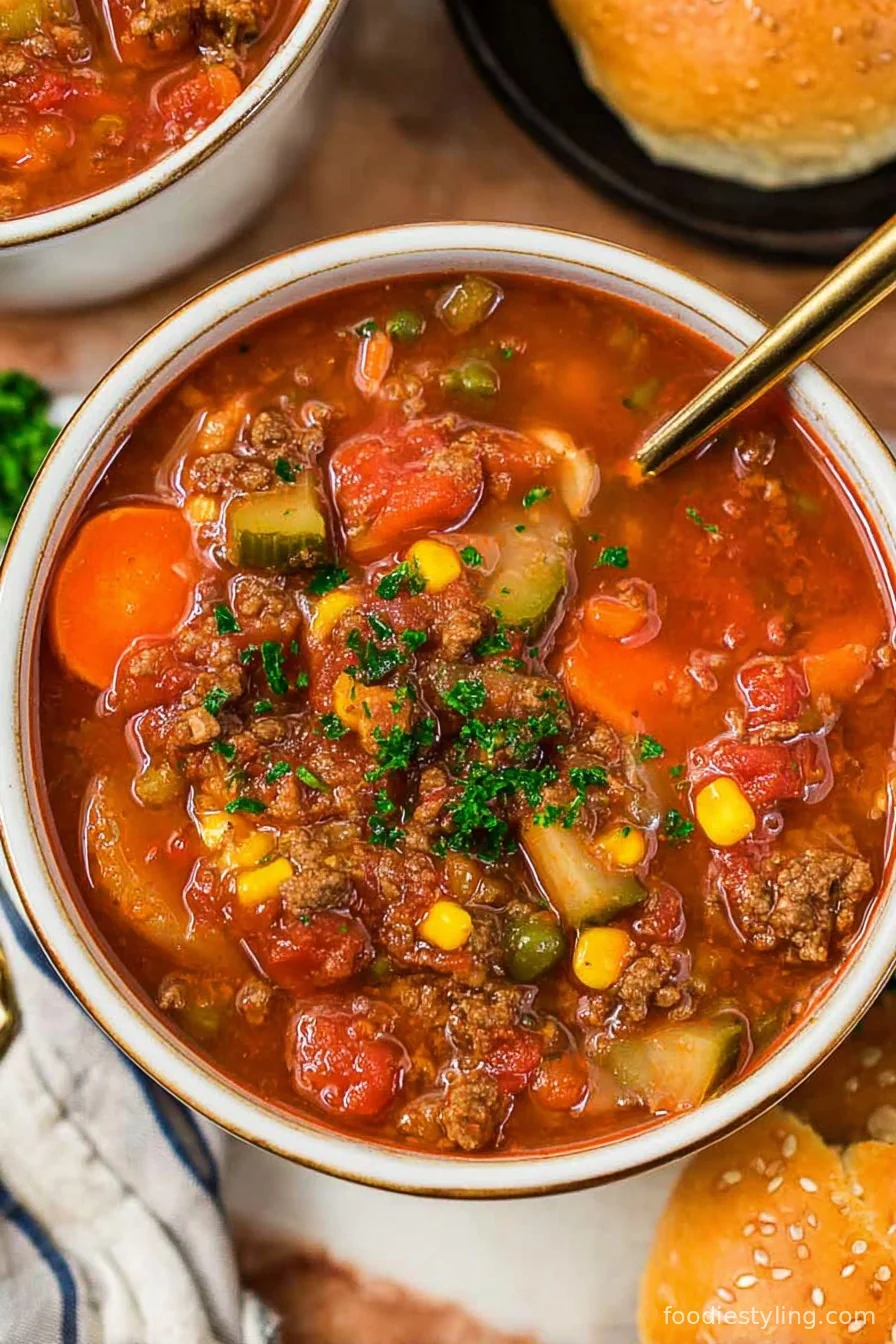 Hearty Crock Pot Hamburger Soup in a bowl, topped with fresh parsley.
