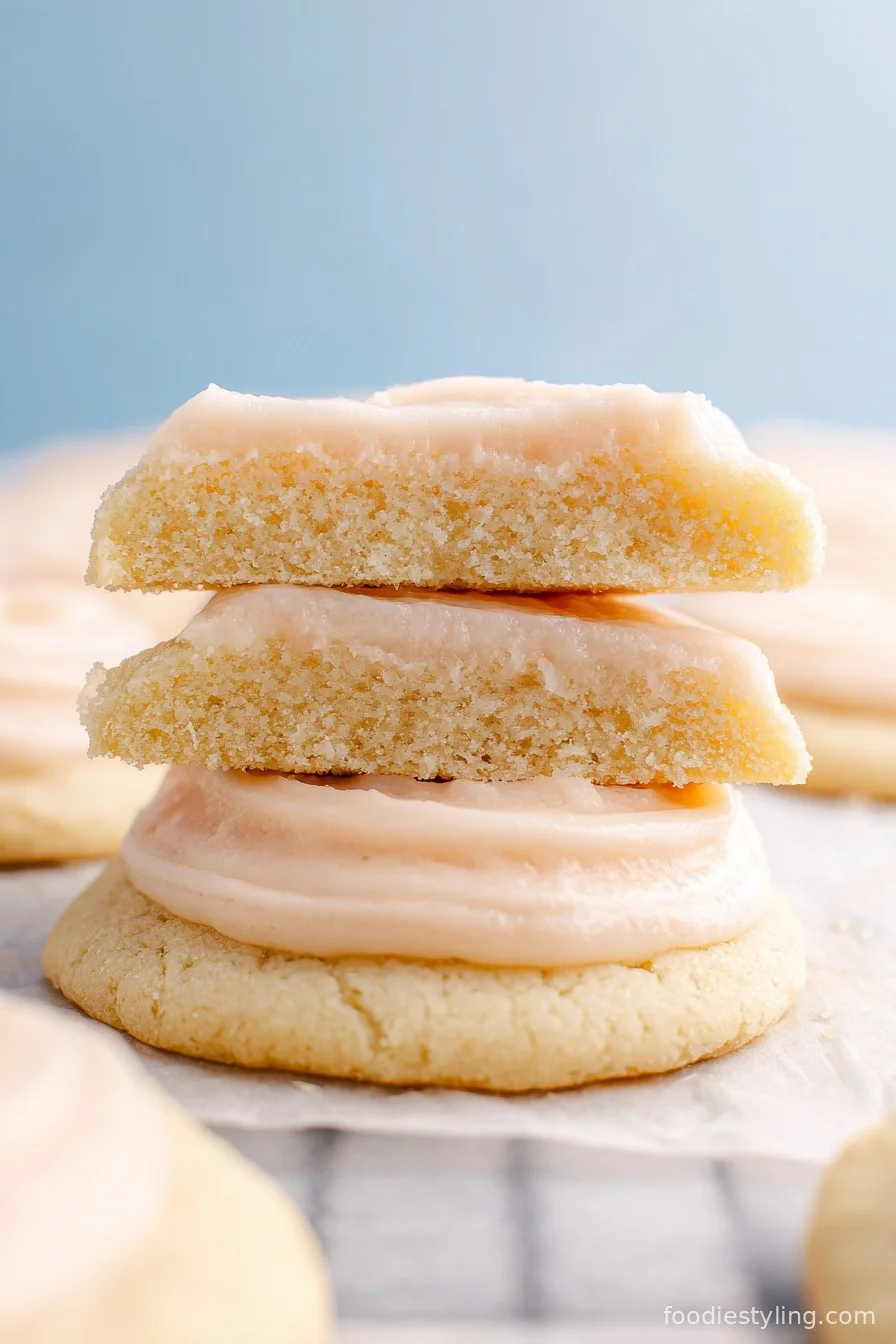 Frosted Crumbl Sugar Cookies stacked on a plate