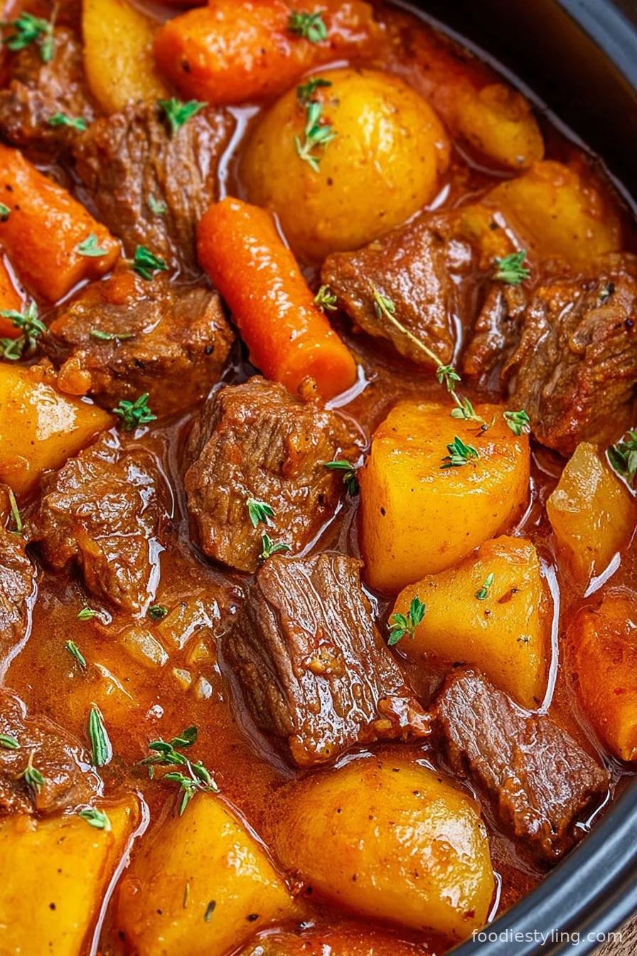 Hearty bowl of beef stew with potatoes, carrots, and juicy beef