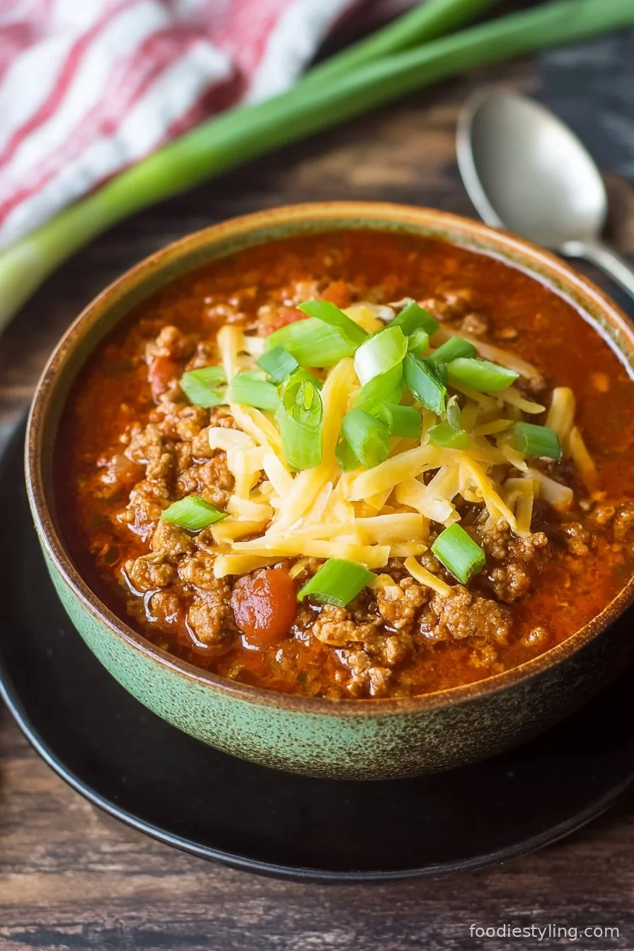 A vibrant bowl of hearty Easy Keto Chili topped with chopped cilantro and a dollop of sour cream