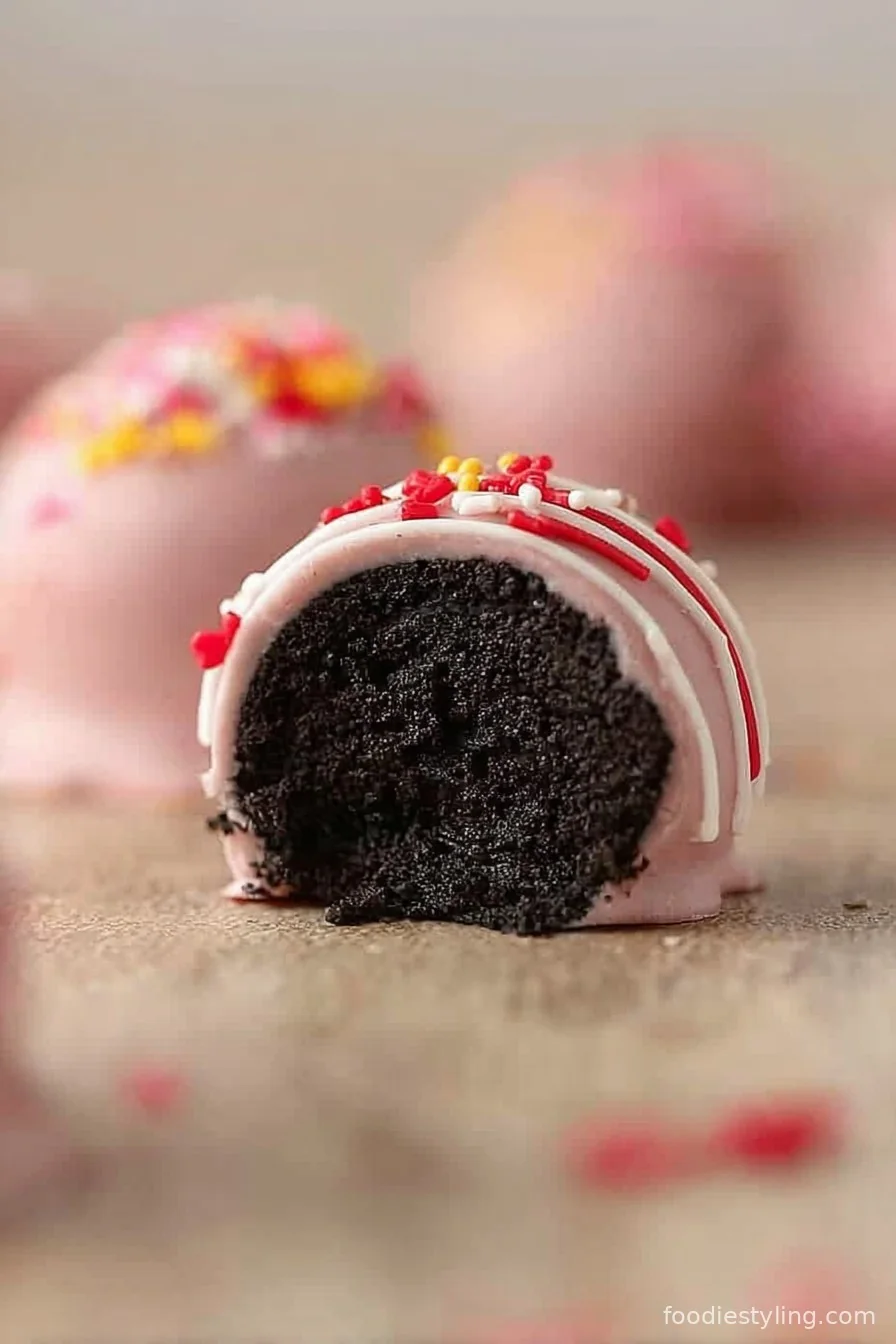 Heart-shaped Oreo Truffles with pink drizzle and sprinkles