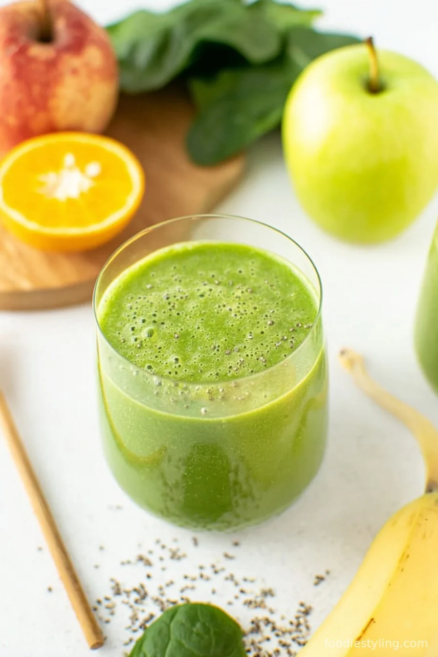 A vibrant green smoothie in a clear glass, garnished with a slice of lime and a sprinkling of chia seeds