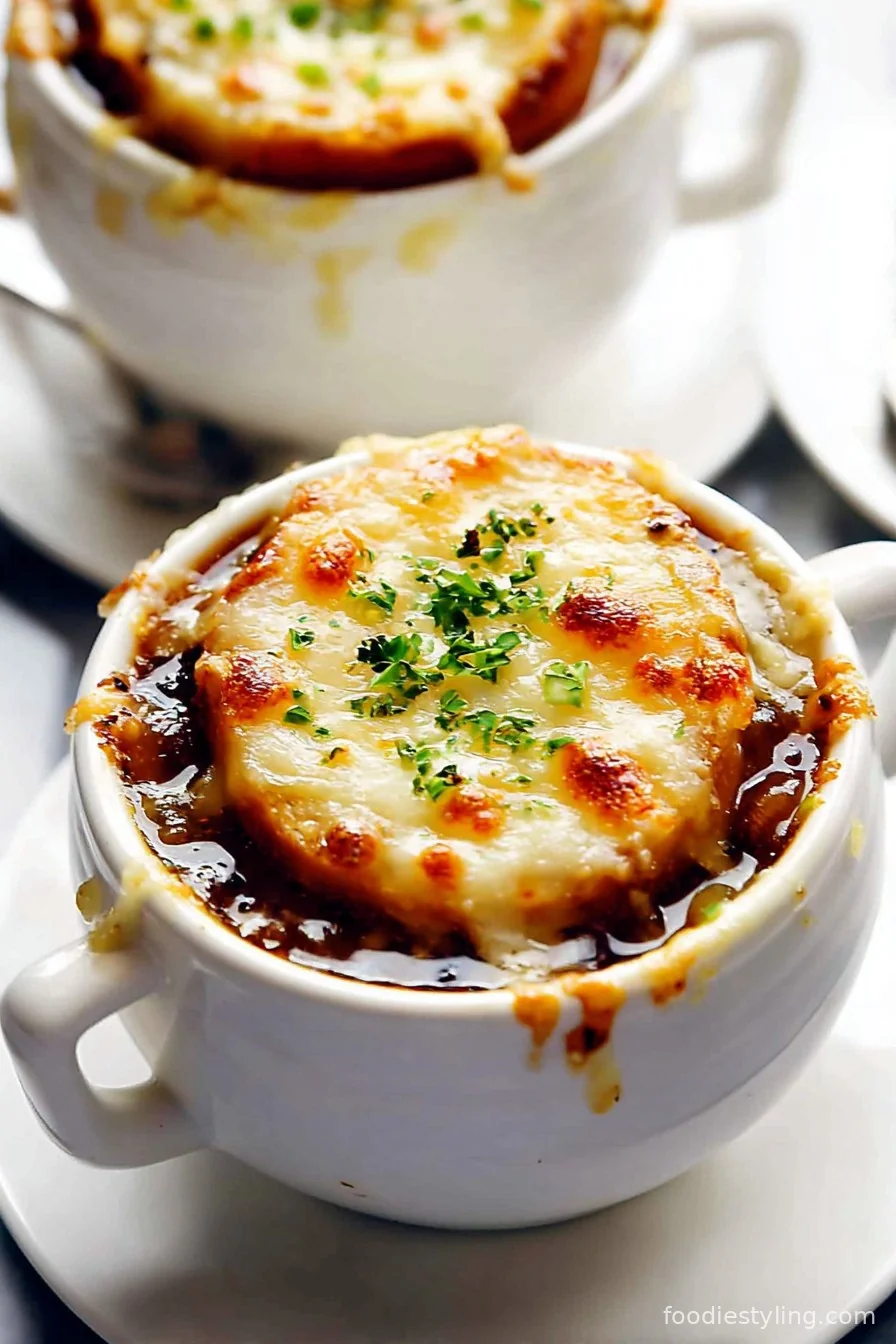 Classic French Onion Soup brimming with caramelized onions and cheesy bread