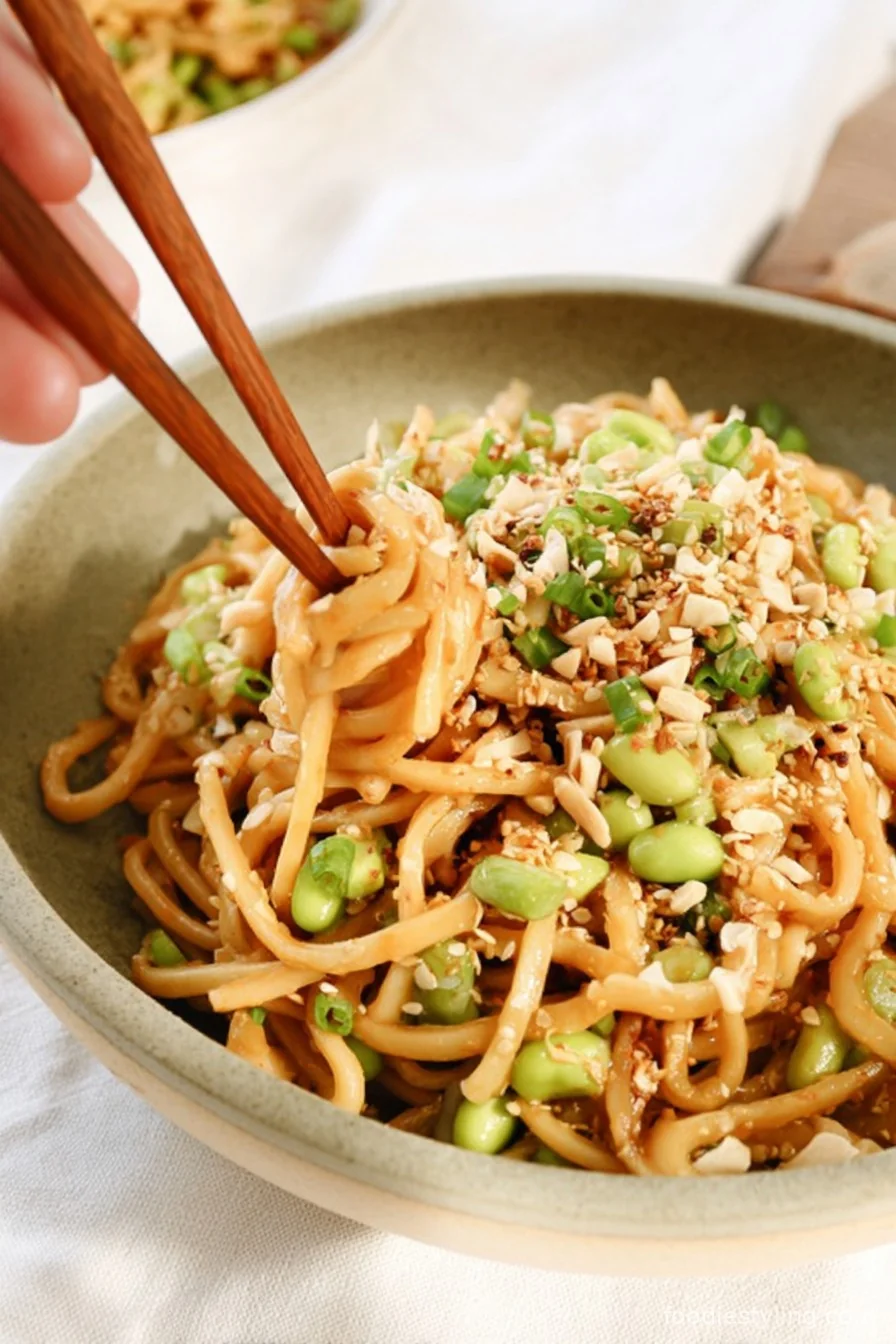 Irresistible bowl of garlic sesame noodles, topped with scallions and sesame seeds