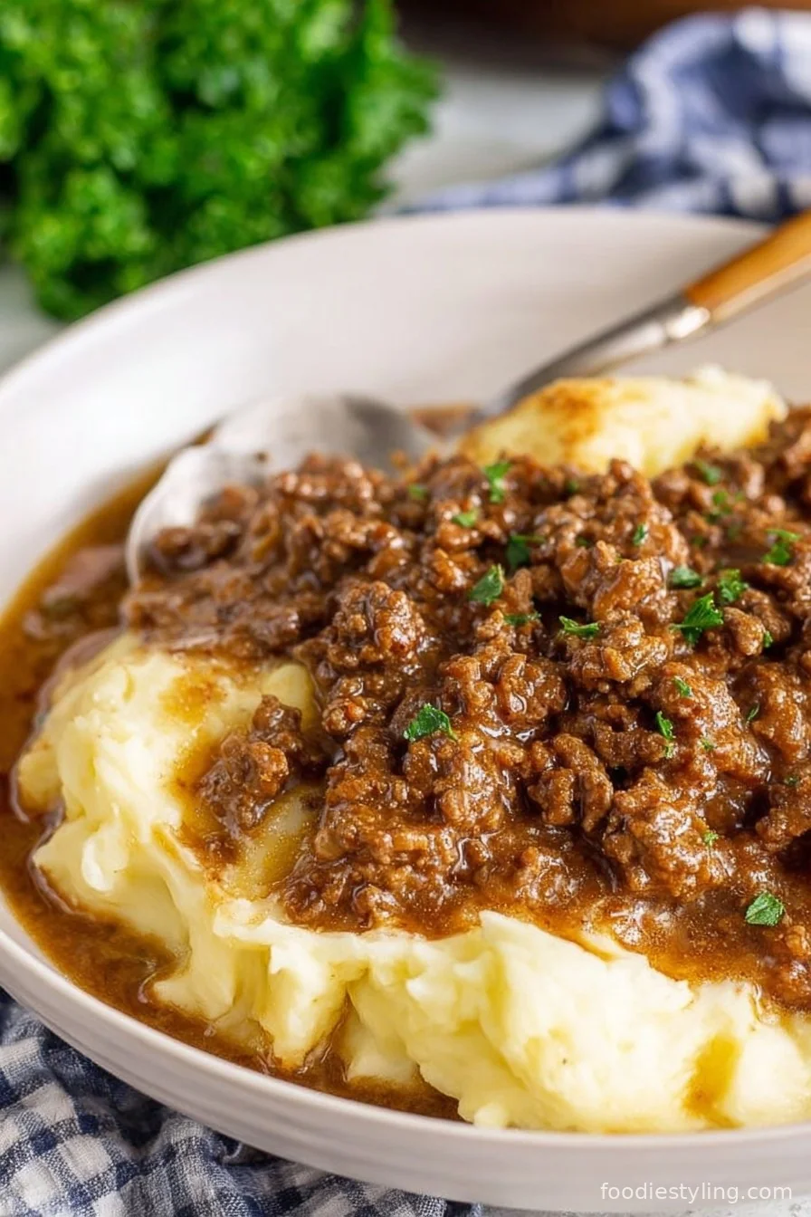 A heaping scoop of savory Ground Beef and Gravy over mashed potatoes