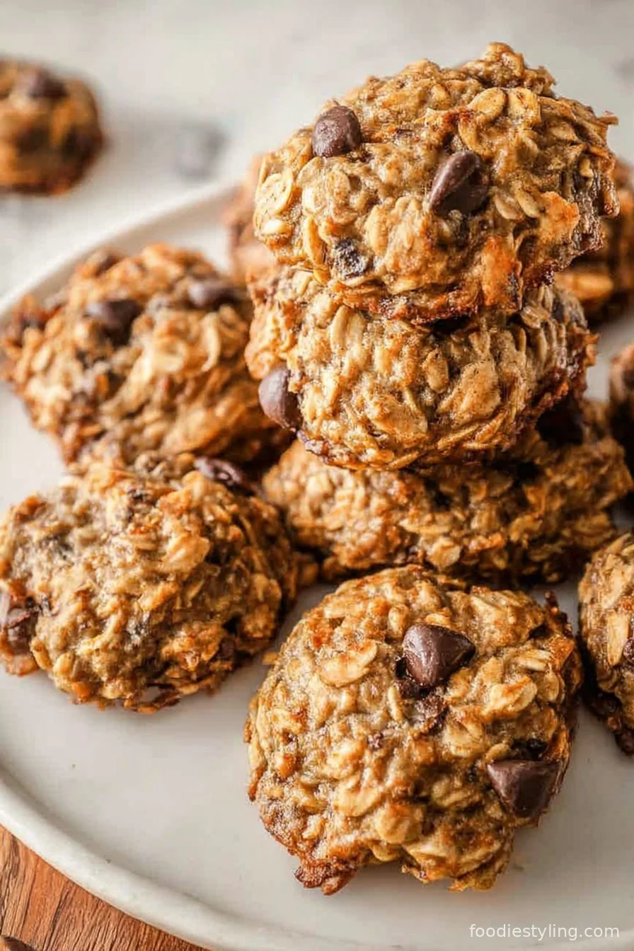 Chewy, golden healthy banana oatmeal cookies on a plate