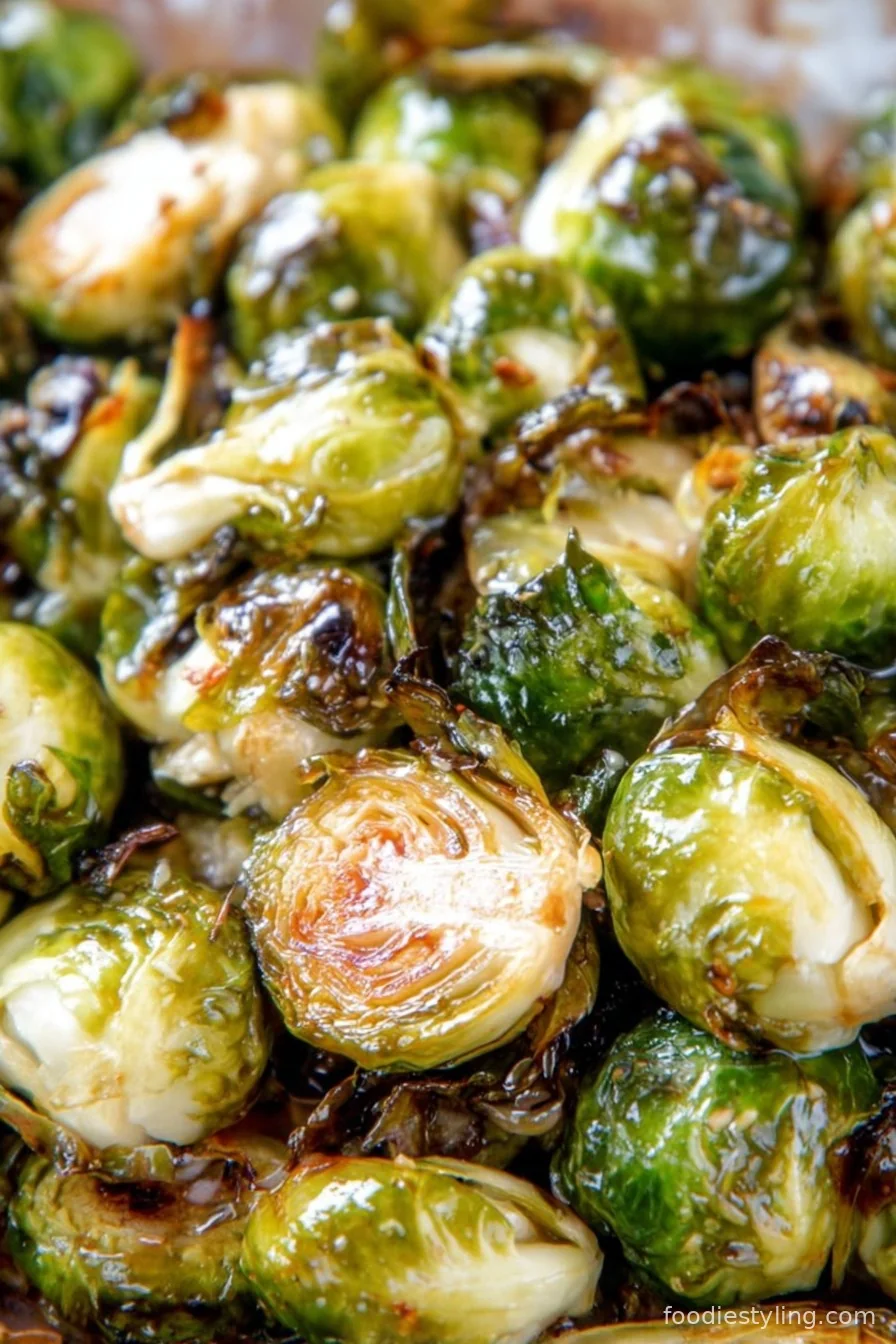 Glazed Brussels sprouts on a baking sheet with balsamic drizzle