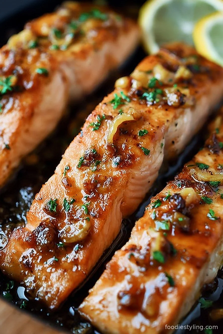 Honey Garlic Salmon plated on white dish, garnished with sesame seeds and scallions