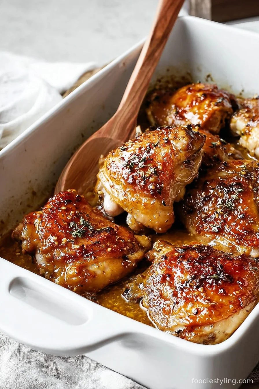 Golden pieces of juicy Honey Mustard Chicken topped with fresh herbs