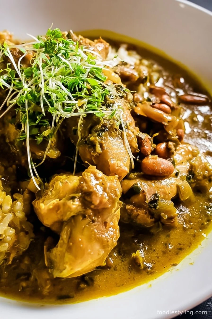 A vibrant plate of Jamaican Curry Chicken, garnished with fresh thyme and served with white rice