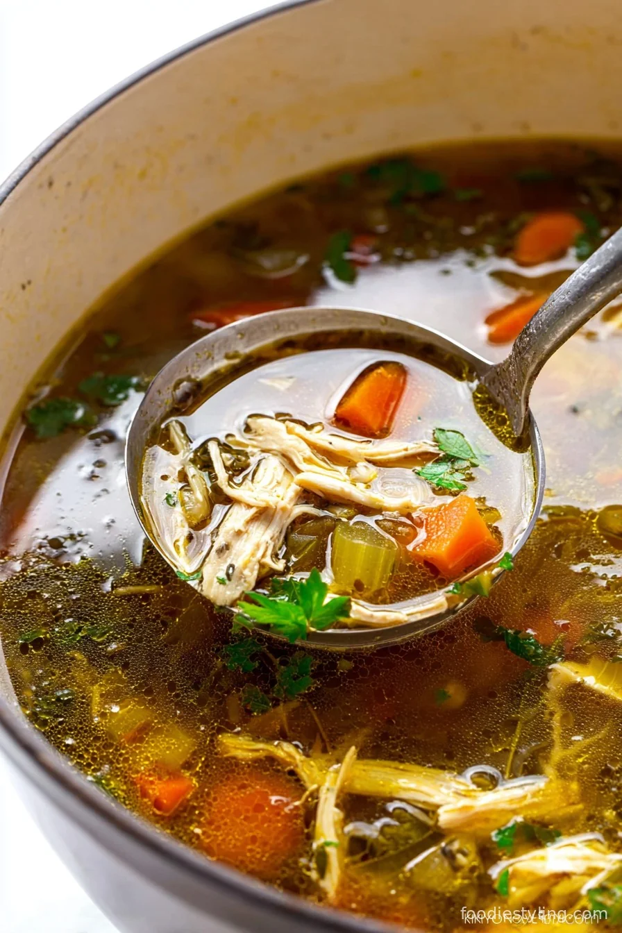 A steaming bowl of Keto Chicken Soup loaded with tender shredded chicken, fresh veggies, and bright herbs.