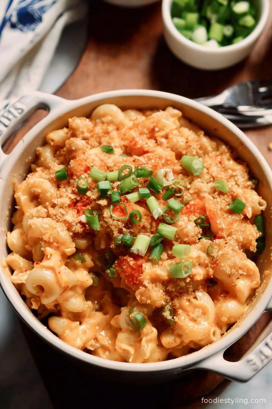 A bubbling dish of Kimchi Mac and Cheese with a golden crust on top