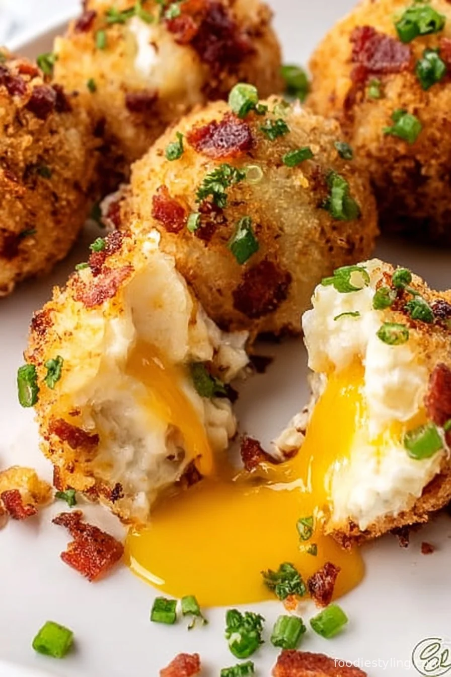 Golden, bite-sized mashed potato balls loaded with cheese and bacon, served with dipping sauce