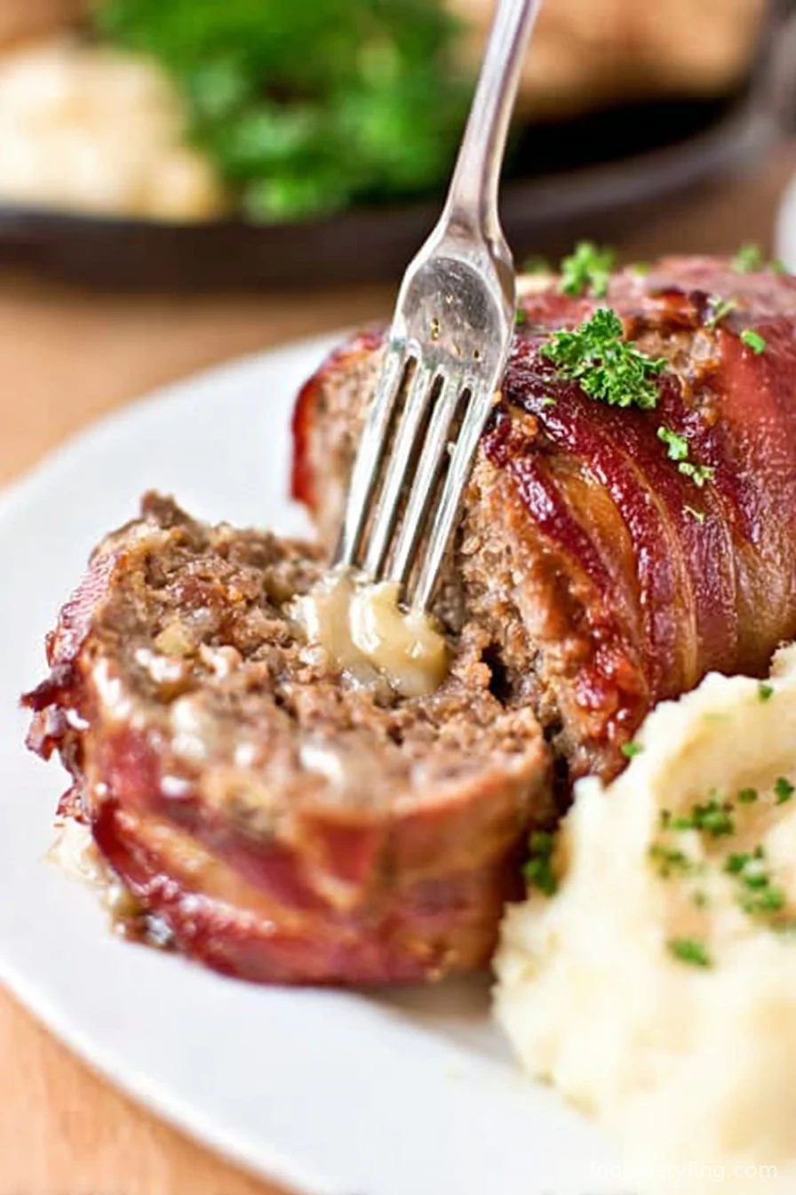 Tender meatloaf wrapped in crispy bacon and stuffed with gooey mozzarella