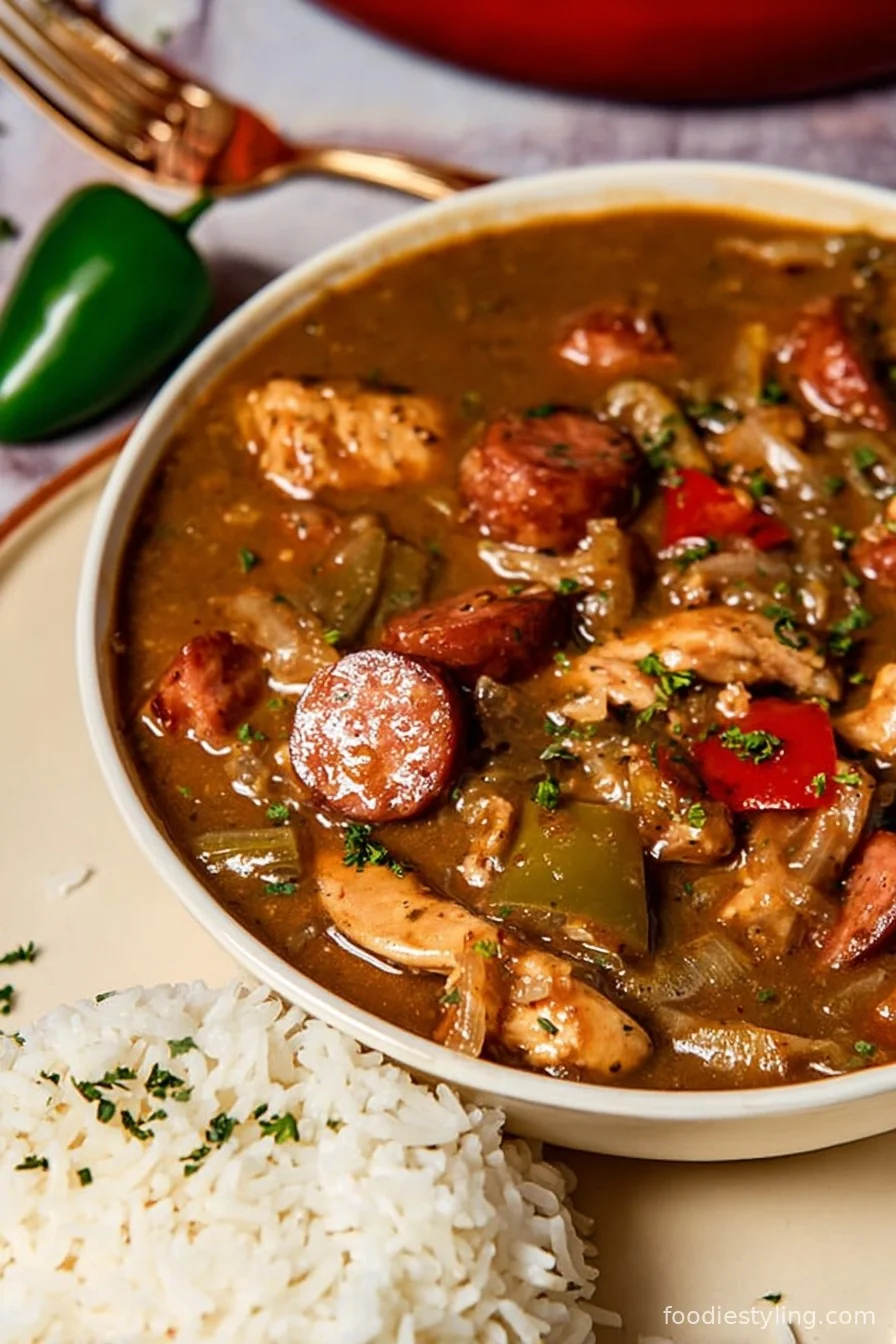 A bowl of dark, rich gumbo loaded with chicken and sausage, garnished with parsley and green onions