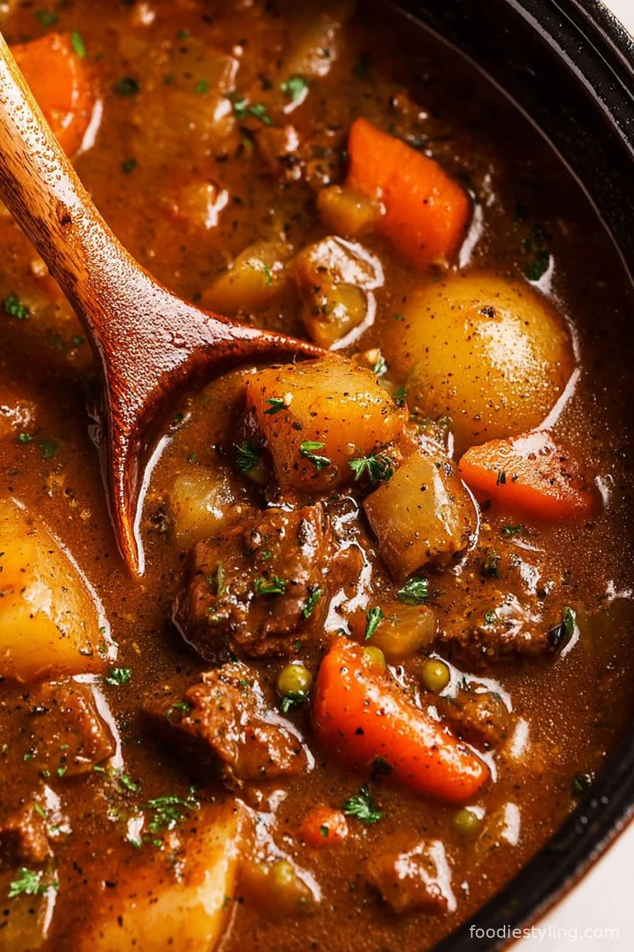 Old Fashioned Beef Stew served in a rustic bowl