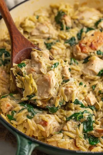 One Pan Spinach Artichoke Chicken Orzo