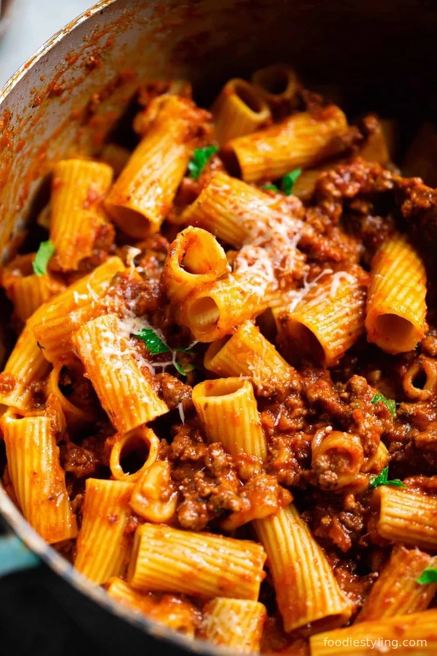 One Pot Rigatoni Bolognese plated and garnished with parsley
