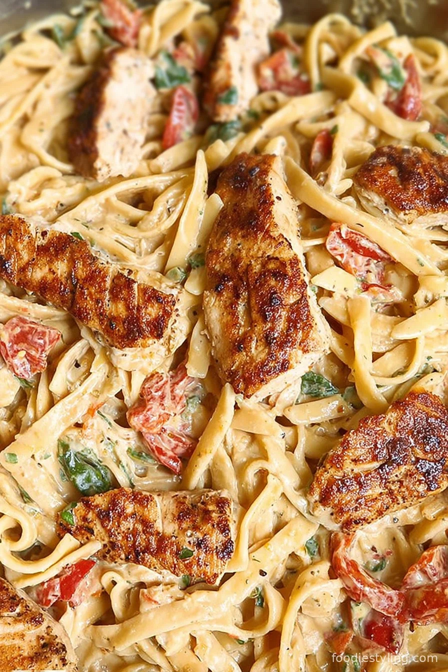 One-Pot Marry Me Chicken Pasta in a creamy sauce, topped with fresh basil