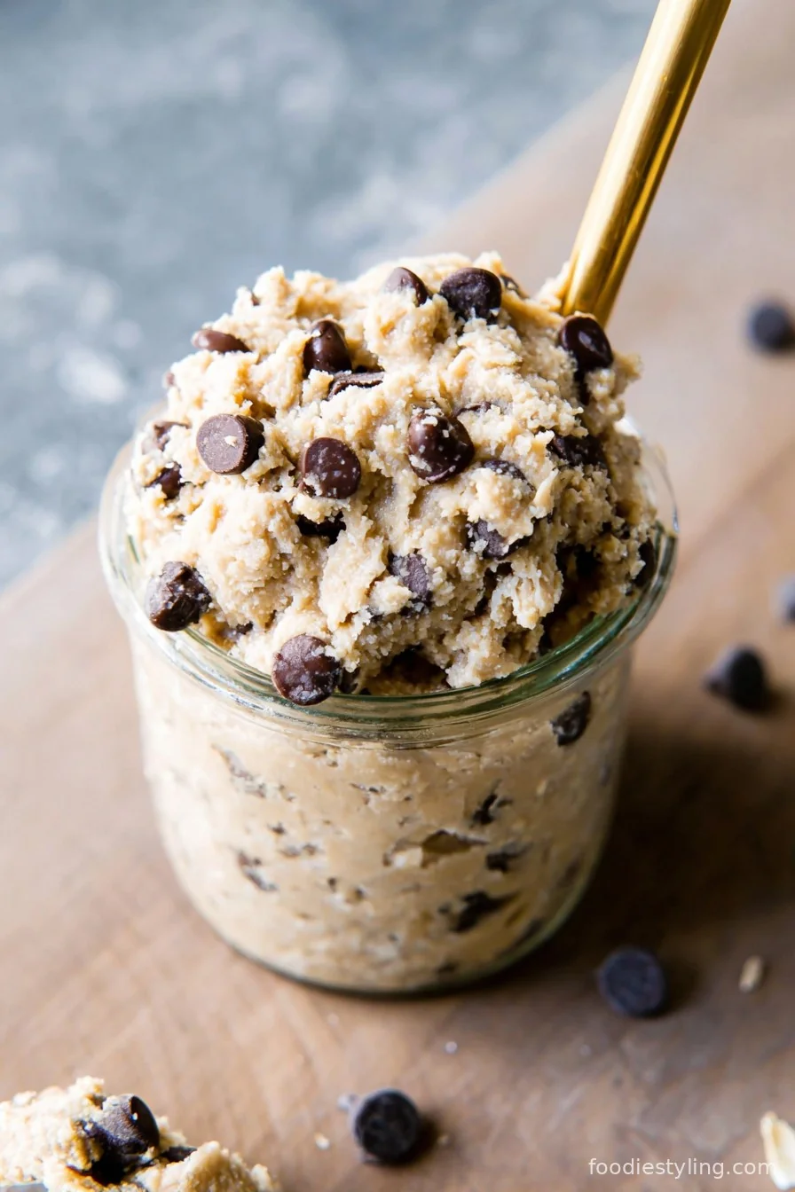 Spoonful of protein cookie dough dotted with chocolate chips