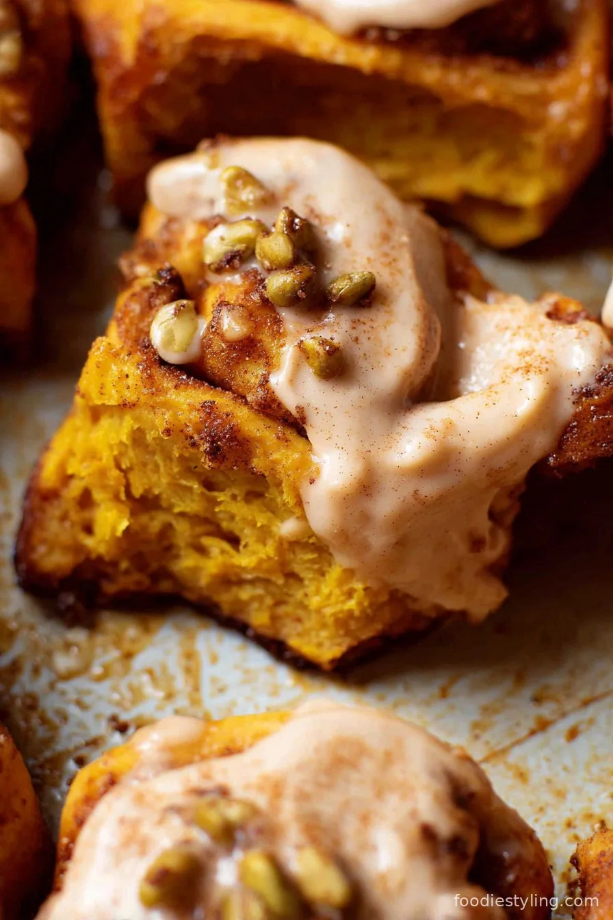 Pumpkin Cinnamon Rolls stacked on a platter with fluffy cinnamon cream cheese frosting