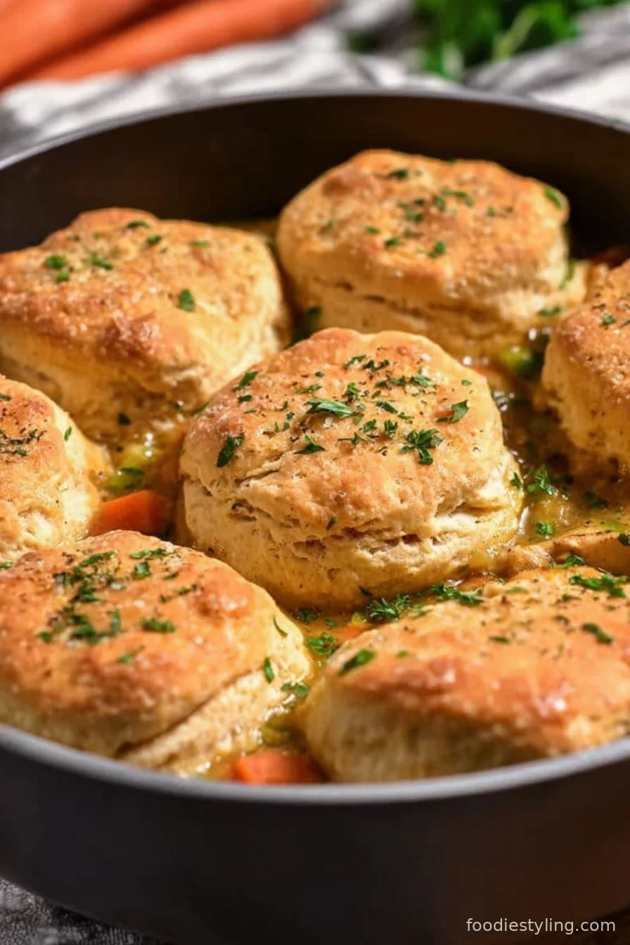 Simple Chicken and Biscuits Skillet in a cast iron pan topped with golden biscuits