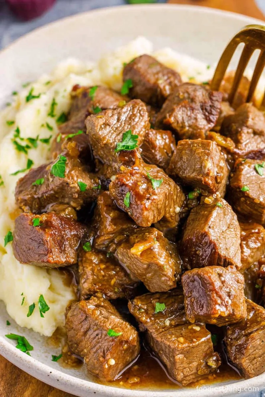 A plate of tender slow cooker garlic butter steak bites, sprinkled with fresh herbs