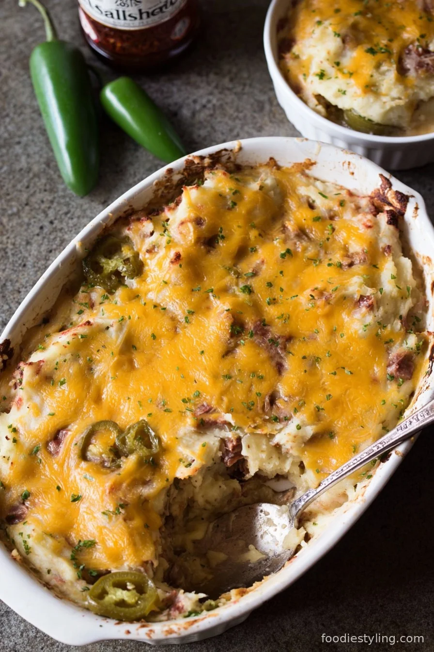 A golden-baked shepherd's pie with cheesy jalapeno mashed potato topping and brisket filling