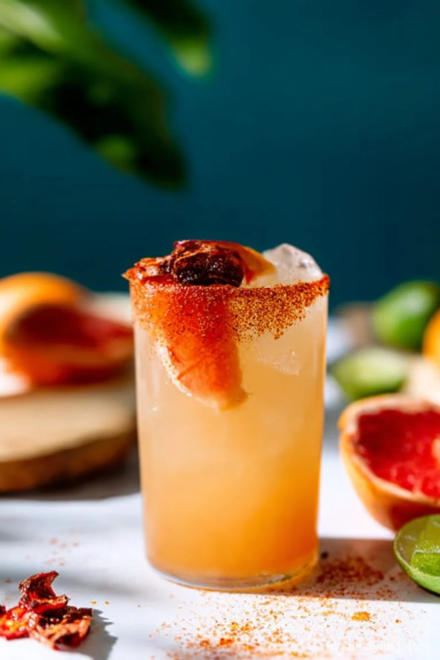 Vibrant pink-orange cocktail in a salt-rimmed glass, garnished with jalapeño and grapefruit
