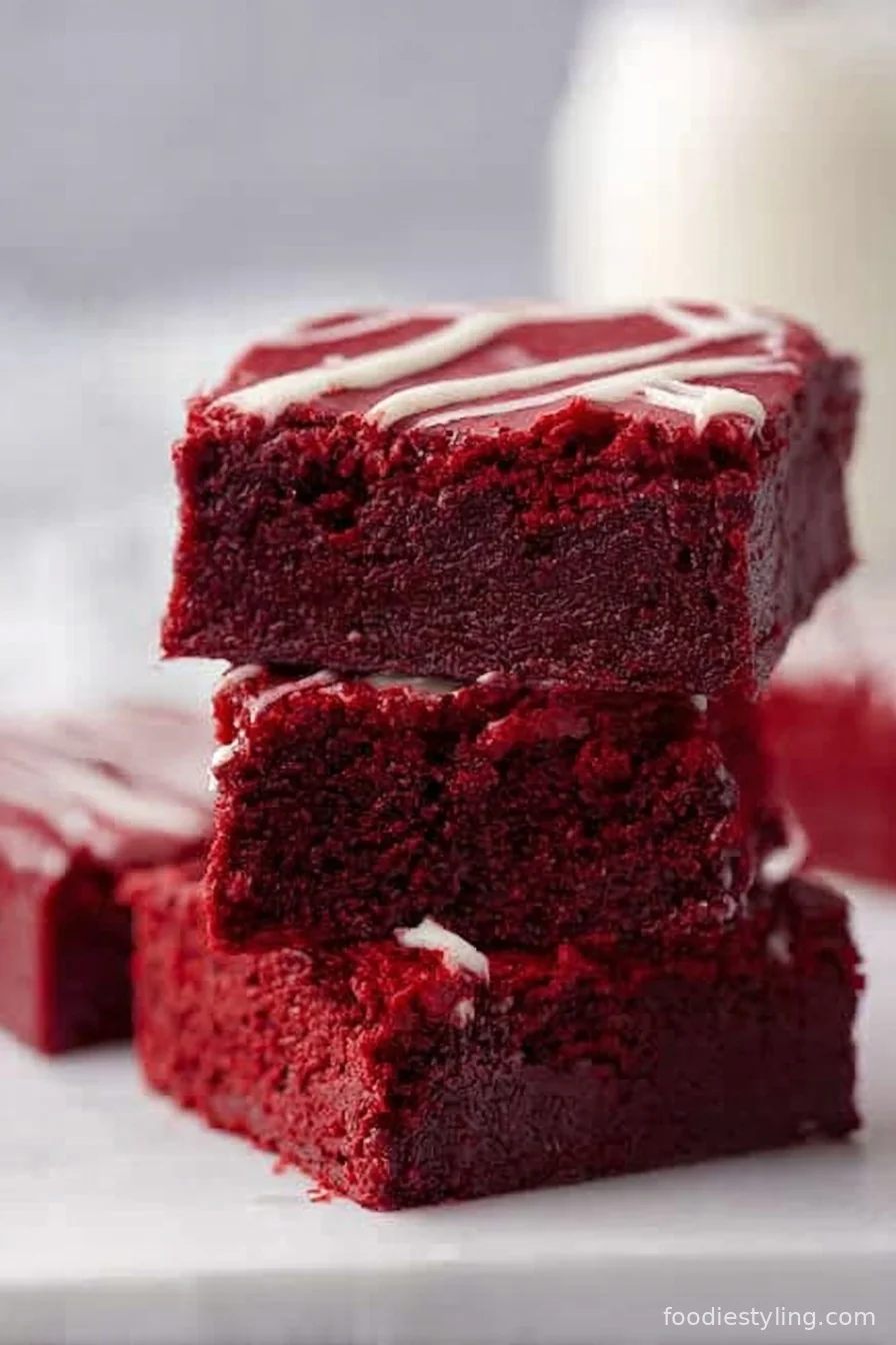 A stack of fudgy red velvet brownies with tangy cream cheese swirls