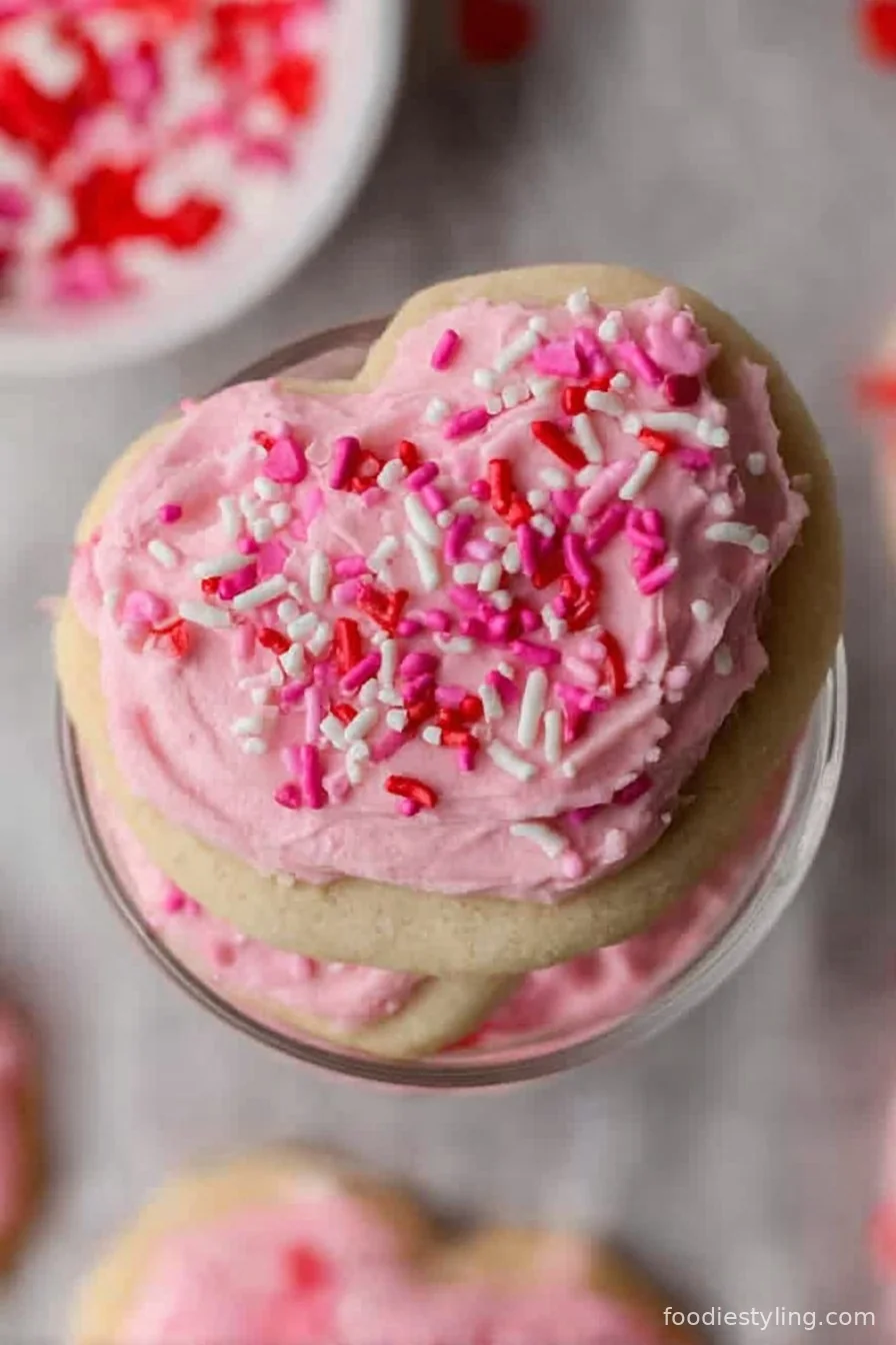 A platter of vibrant pink-frosted sugar cookies with heart sprinkles