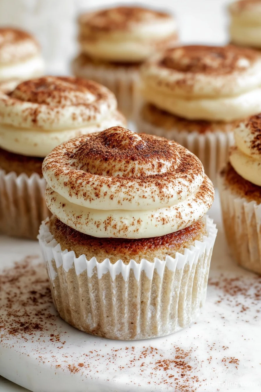 Tiramisu Cupcakes topped with cocoa and mascarpone frosting