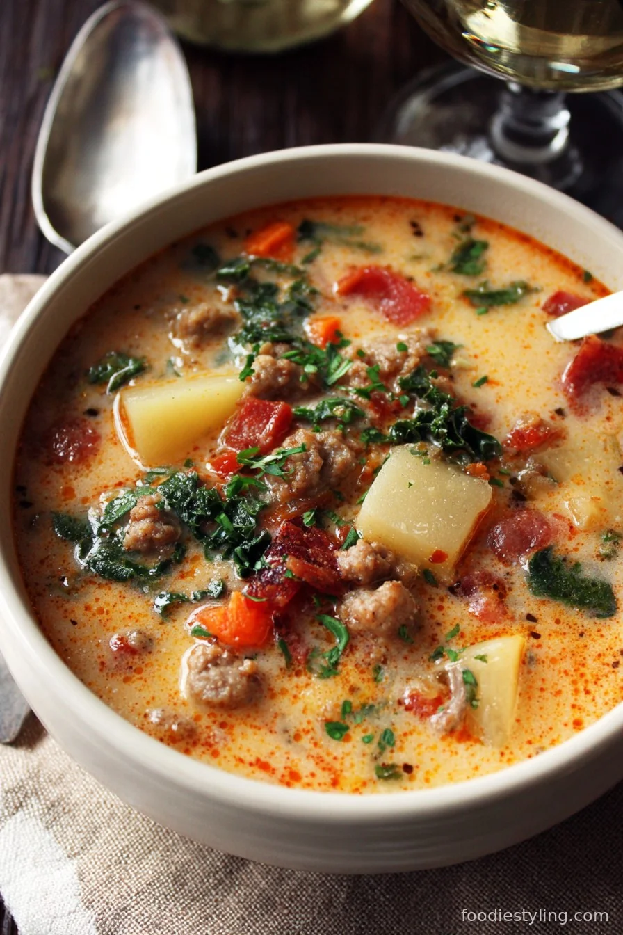 A steaming bowl of Tuscan Sausage and Potato Soup topped with fresh herbs